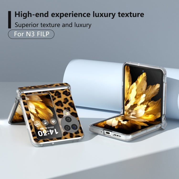 For OPPO Find N3 Flip Three Parts Transparent Frame Leopard Pattern Phone Case