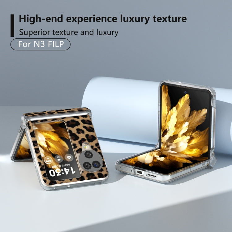 For OPPO Find N3 Flip Three Parts Transparent Frame Leopard Pattern Phone Case