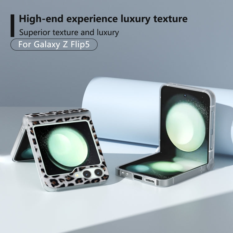 For Samsung Galaxy Z Flip5 Three Parts Frosted Transparent Frame Leopard Pattern Phone Case