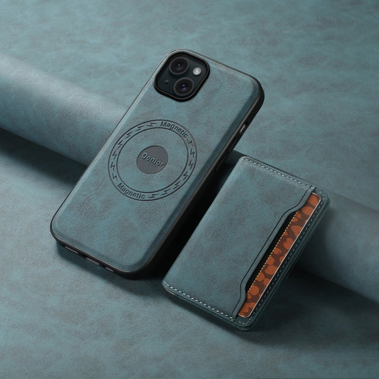 For iPhone 15 Plus Denior D13 Retro Texture Leather MagSafe Card Bag Phone Case