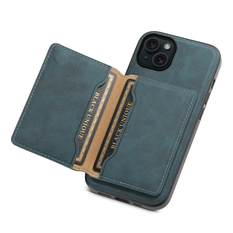 For iPhone 15 Plus Denior D13 Retro Texture Leather MagSafe Card Bag Phone Case