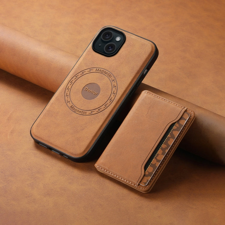 For iPhone 15 Plus Denior D13 Retro Texture Leather MagSafe Card Bag Phone Case