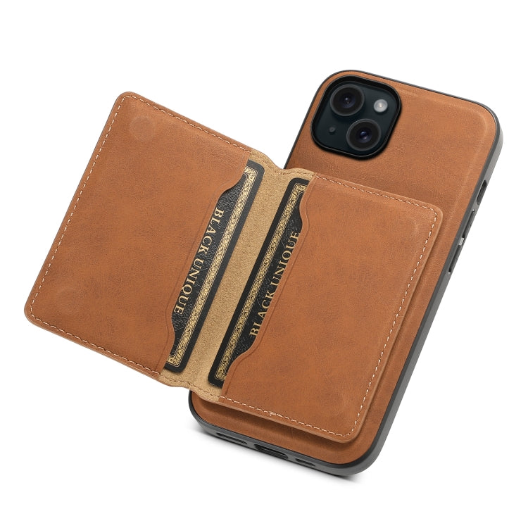 For iPhone 15 Plus Denior D13 Retro Texture Leather MagSafe Card Bag Phone Case