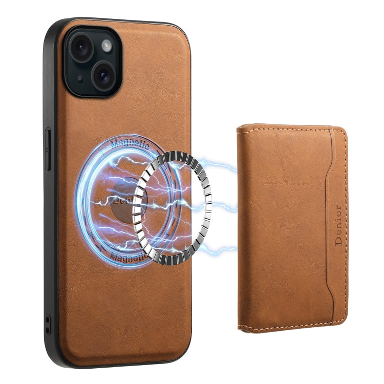 For iPhone 15 Plus Denior D13 Retro Texture Leather MagSafe Card Bag Phone Case