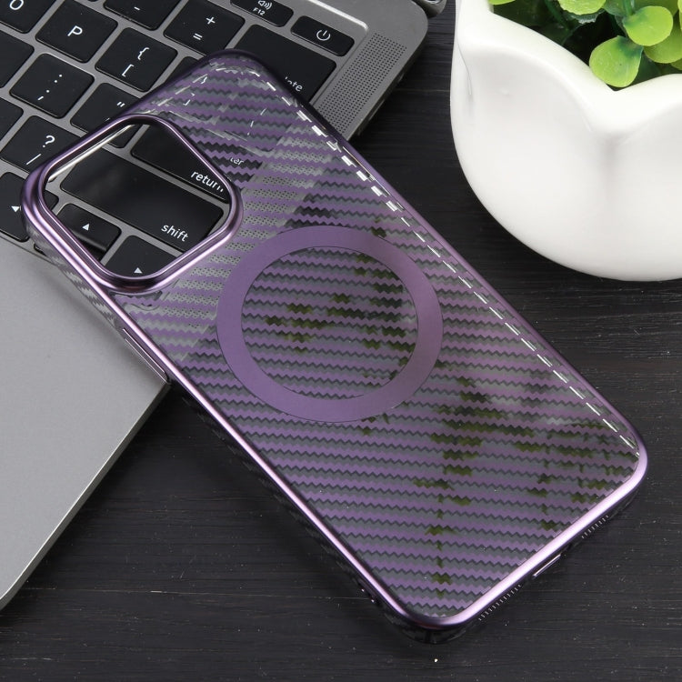 For iPhone 15 6D Plated Carbon Fiber Clear Magsafe PC Phone Case