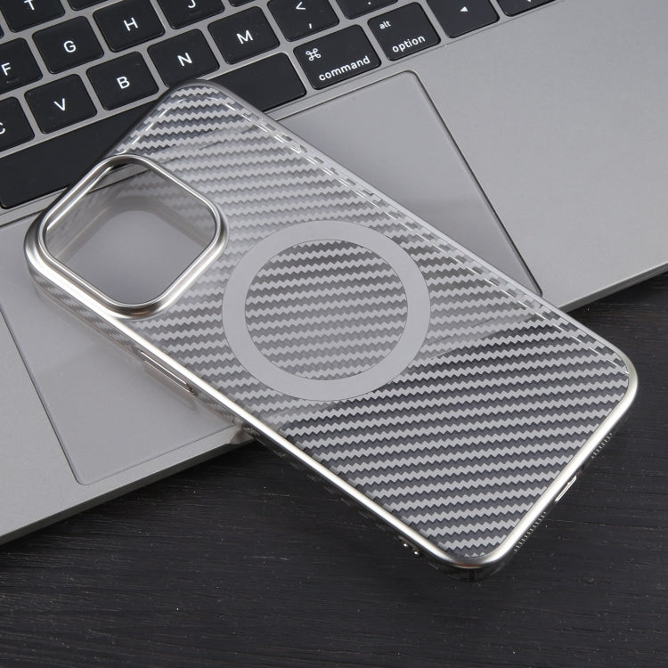For iPhone 14 Plus 6D Plated Carbon Fiber Clear Magsafe PC Phone Case