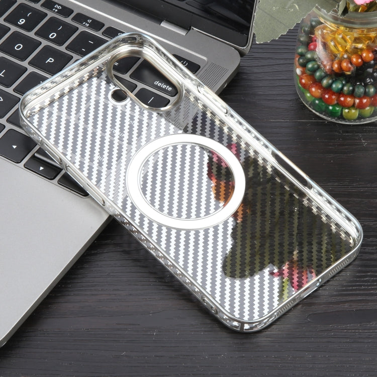 For iPhone 16 6D Plated Carbon Fiber Clear Magsafe PC Phone Case