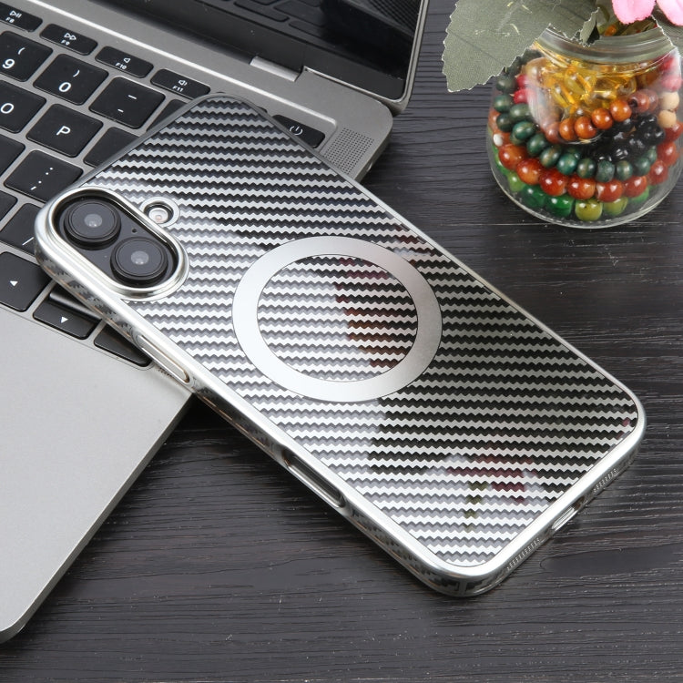 For iPhone 16 6D Plated Carbon Fiber Clear Magsafe PC Phone Case