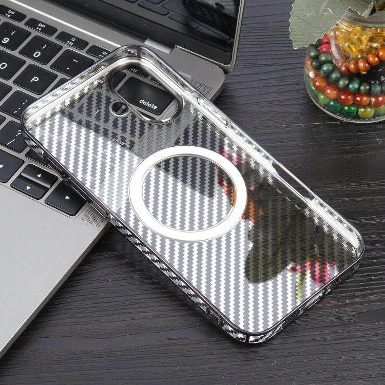 For iPhone 16 6D Plated Carbon Fiber Clear Magsafe PC Phone Case