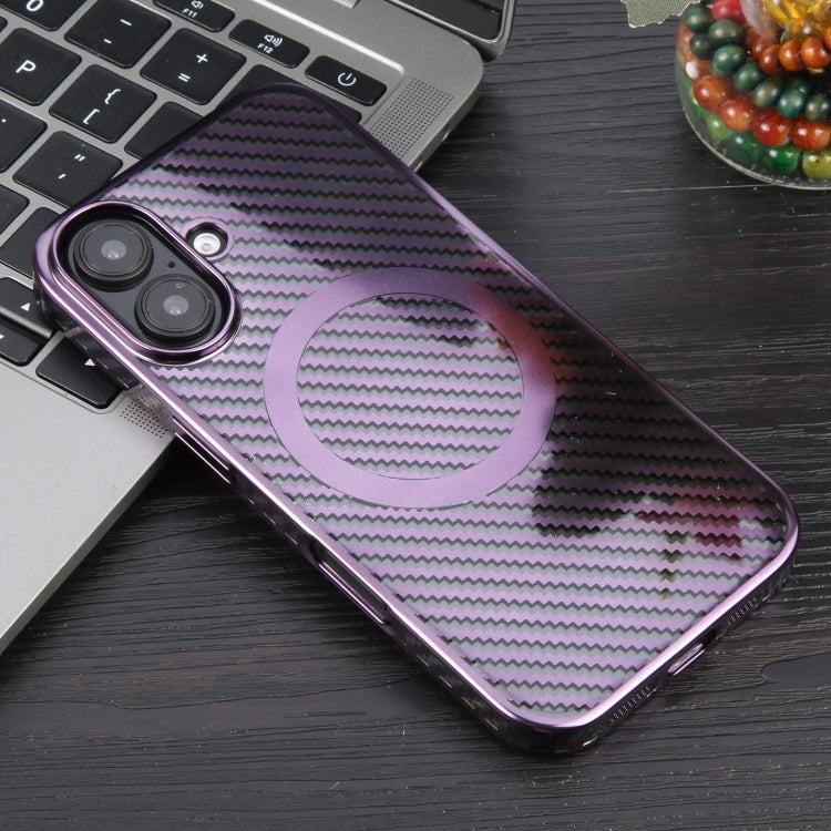 For iPhone 16 6D Plated Carbon Fiber Clear Magsafe PC Phone Case