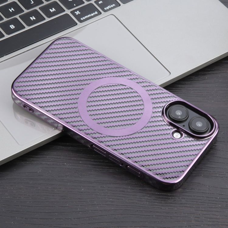 For iPhone 16 6D Plated Carbon Fiber Clear Magsafe PC Phone Case