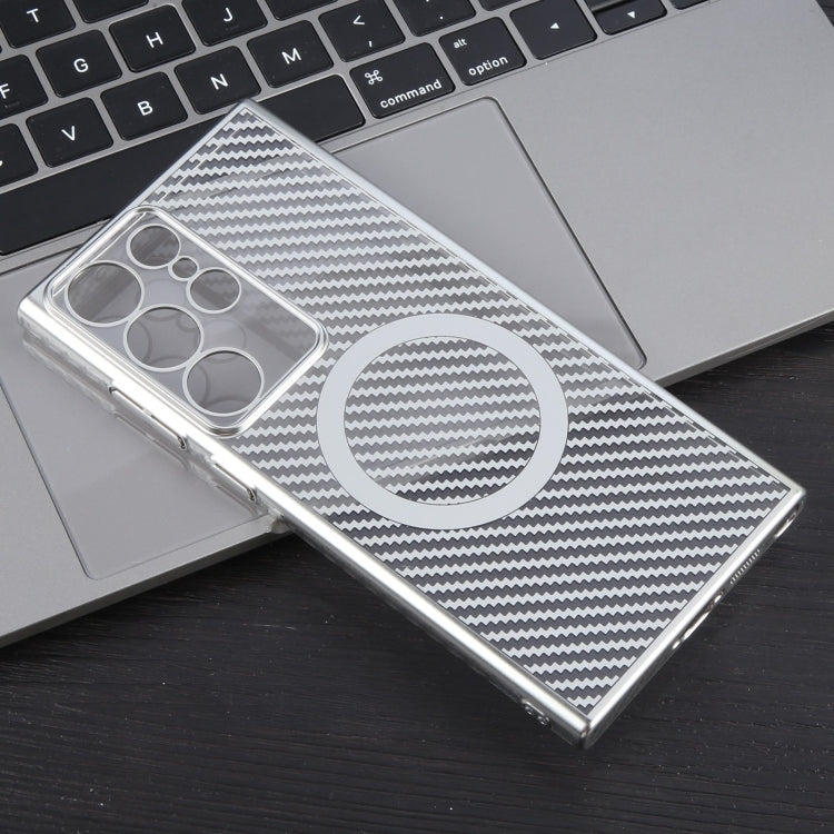 For Samsung Galaxy S24 Ultra 5G 6D Plated Carbon Fiber Clear Magsafe PC Phone Case