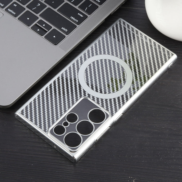 For Samsung Galaxy S24 Ultra 5G 6D Plated Carbon Fiber Clear Magsafe PC Phone Case