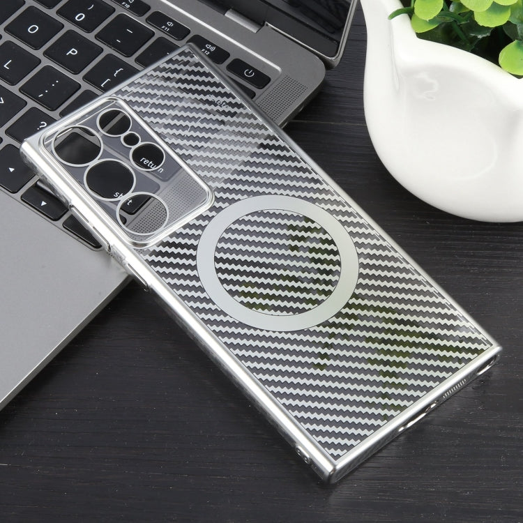 For Samsung Galaxy S23 Ultra 5G 6D Plated Carbon Fiber Clear Magsafe PC Phone Case