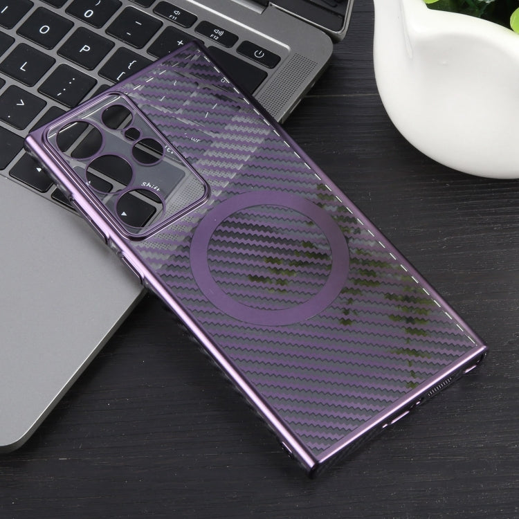 For Samsung Galaxy S23 Ultra 5G 6D Plated Carbon Fiber Clear Magsafe PC Phone Case