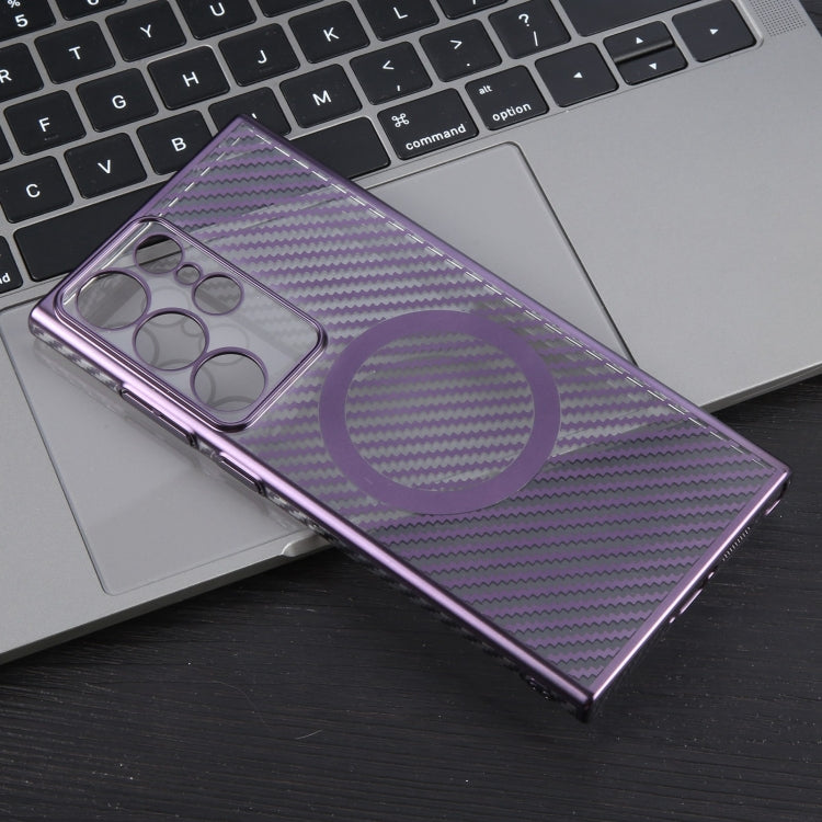For Samsung Galaxy S23 Ultra 5G 6D Plated Carbon Fiber Clear Magsafe PC Phone Case