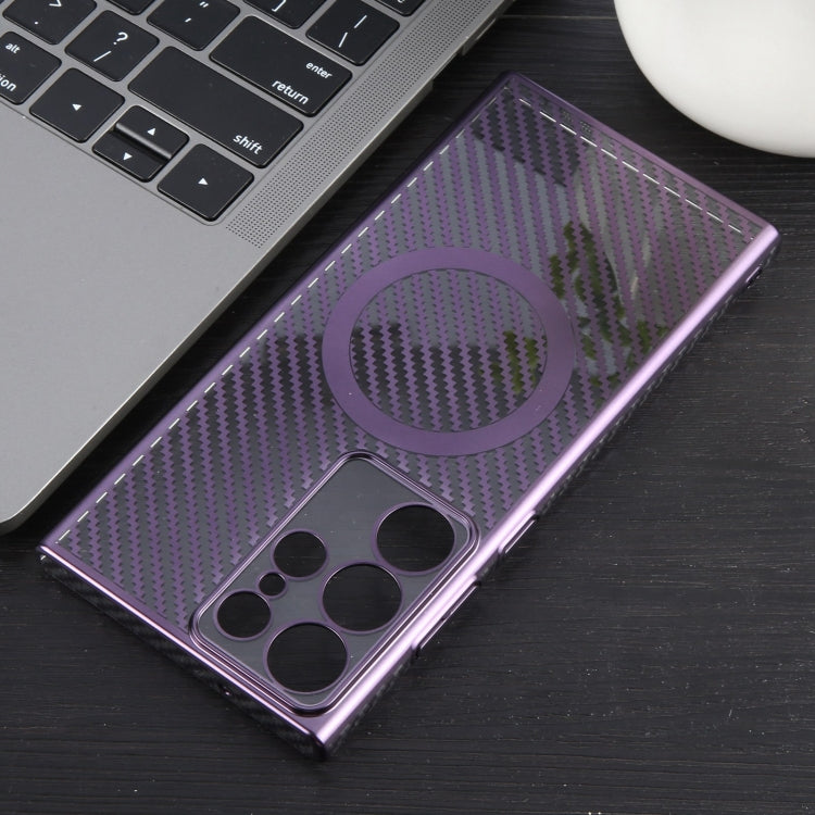 For Samsung Galaxy S23 Ultra 5G 6D Plated Carbon Fiber Clear Magsafe PC Phone Case