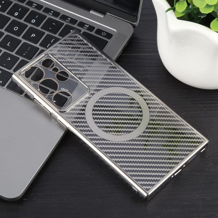 For Samsung Galaxy S23 Ultra 5G 6D Plated Carbon Fiber Clear Magsafe PC Phone Case