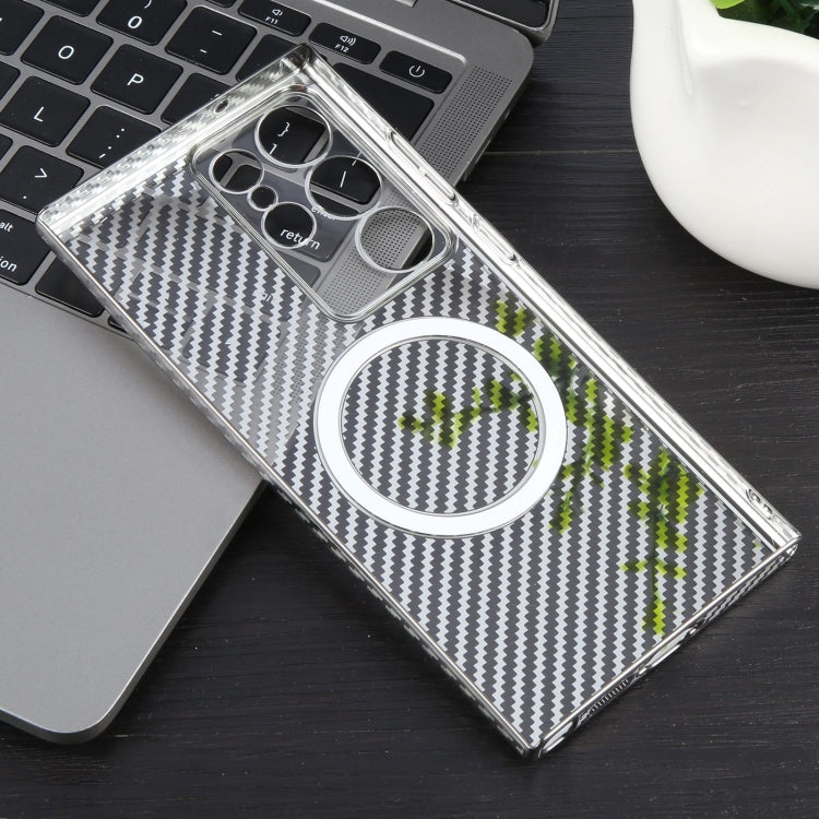 For Samsung Galaxy S23 Ultra 5G 6D Plated Carbon Fiber Clear Magsafe PC Phone Case