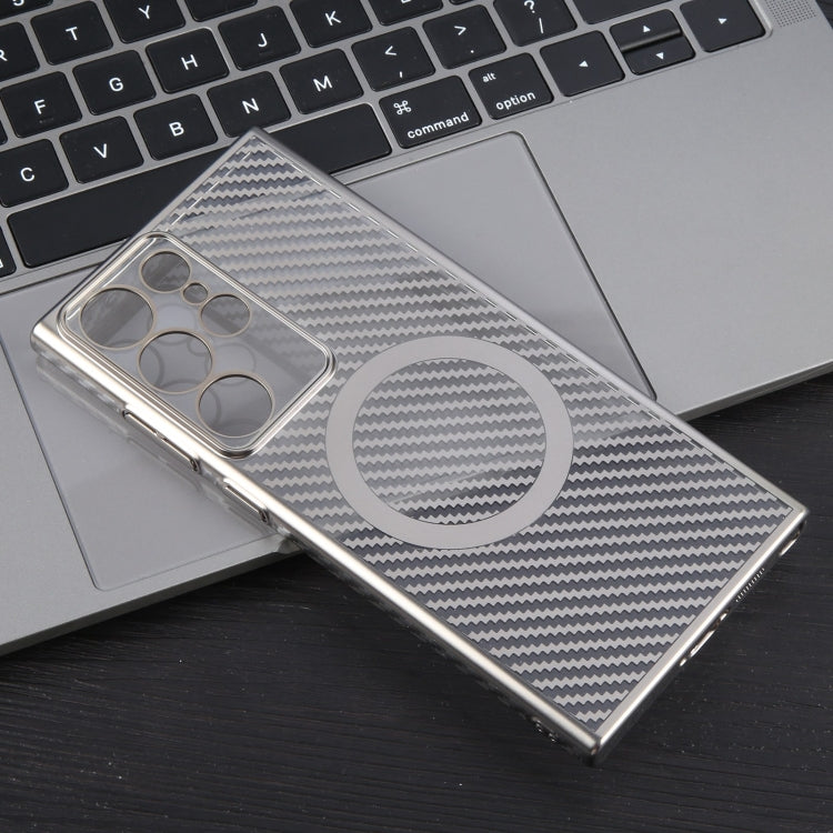 For Samsung Galaxy S23 Ultra 5G 6D Plated Carbon Fiber Clear Magsafe PC Phone Case