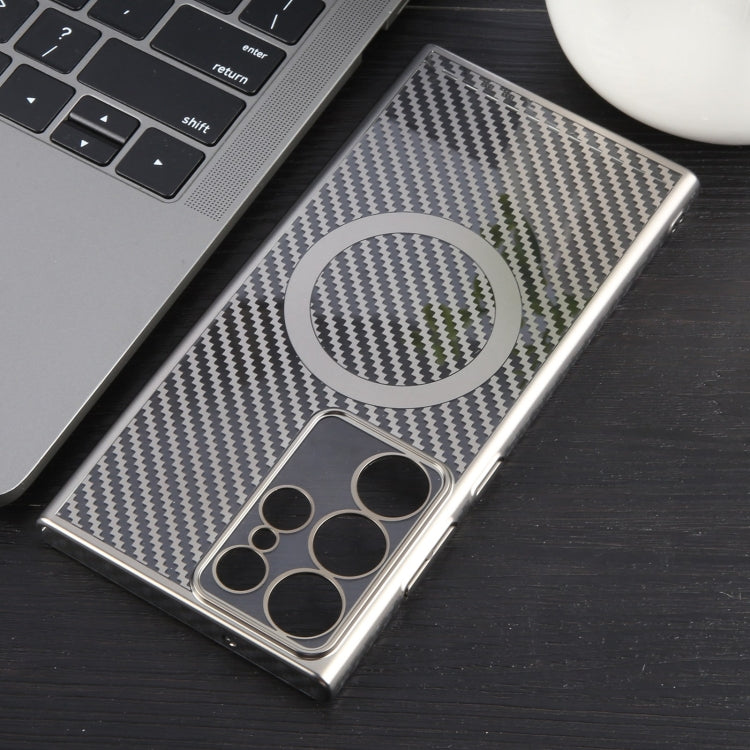 For Samsung Galaxy S22 Ultra 5G 6D Plated Carbon Fiber Clear Magsafe PC Phone Case