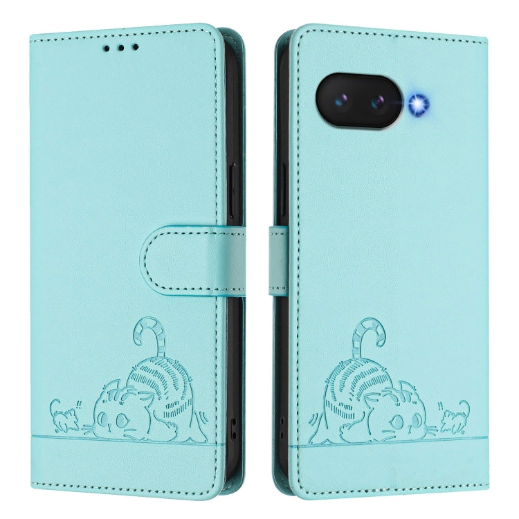 For Google Pixel 9a Cat Rat Embossed Pattern RFID Leather Phone Case with Lanyard