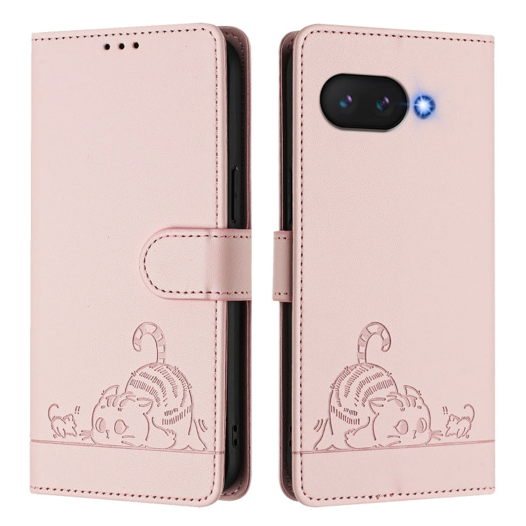 For Google Pixel 9a Cat Rat Embossed Pattern RFID Leather Phone Case with Lanyard