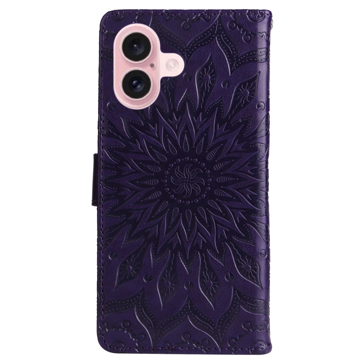 For iPhone 16 Embossed Sunflower Pattern Flip Leather Phone Case