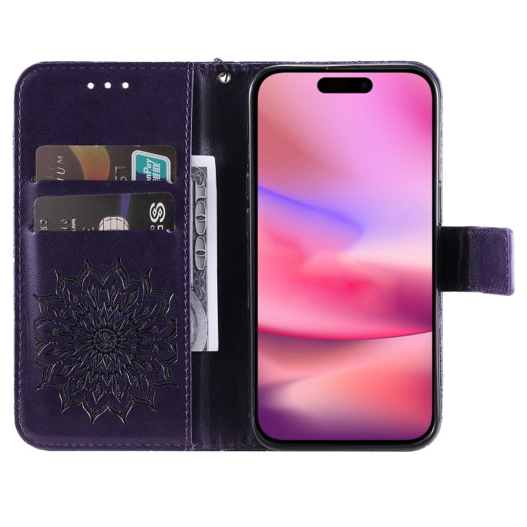 For iPhone 16 Embossed Sunflower Pattern Flip Leather Phone Case