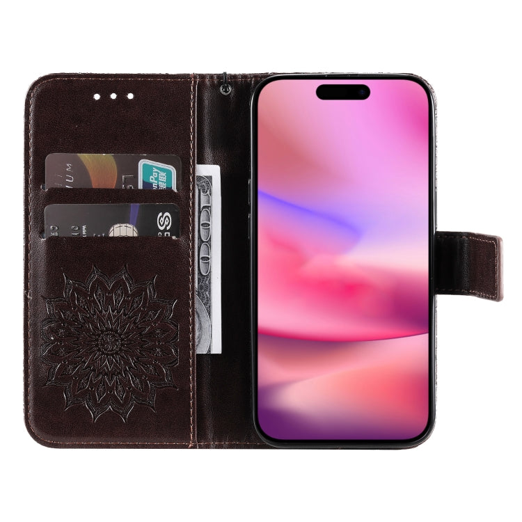 For iPhone 16 Embossed Sunflower Pattern Flip Leather Phone Case