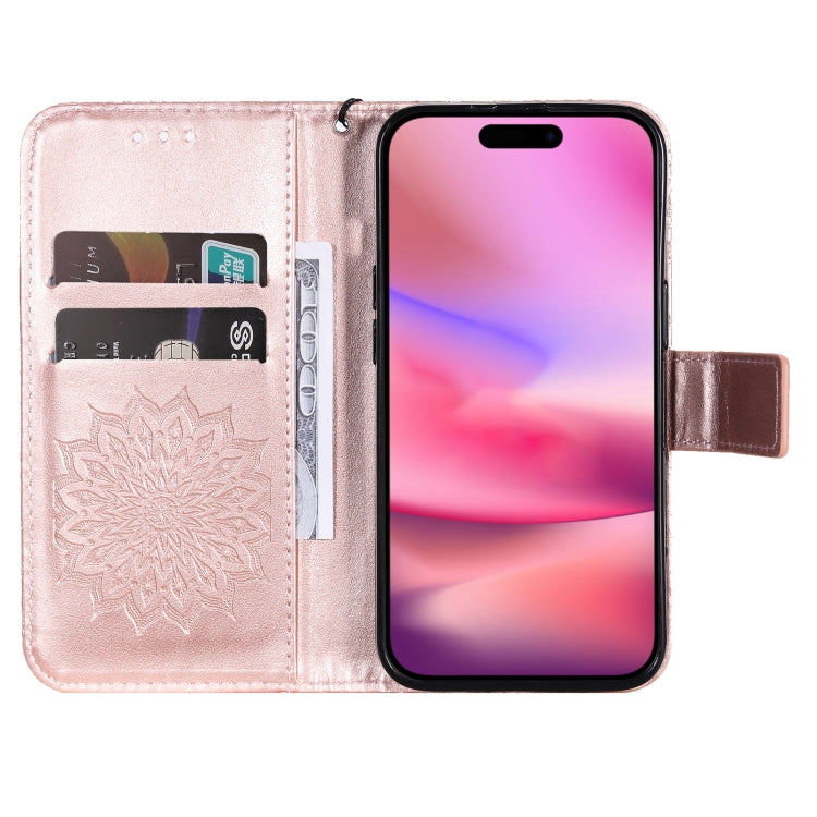 For iPhone 16 Embossed Sunflower Pattern Flip Leather Phone Case