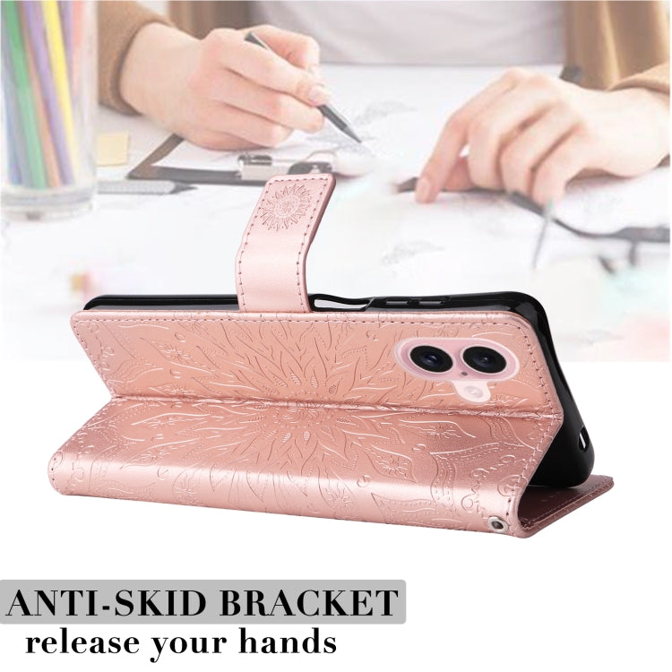 For iPhone 16 Embossed Sunflower Pattern Flip Leather Phone Case
