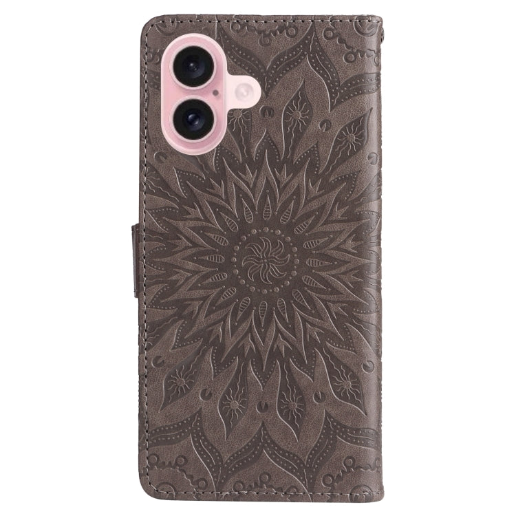 For iPhone 16 Embossed Sunflower Pattern Flip Leather Phone Case