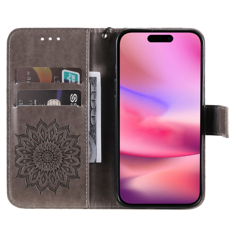 For iPhone 16 Embossed Sunflower Pattern Flip Leather Phone Case