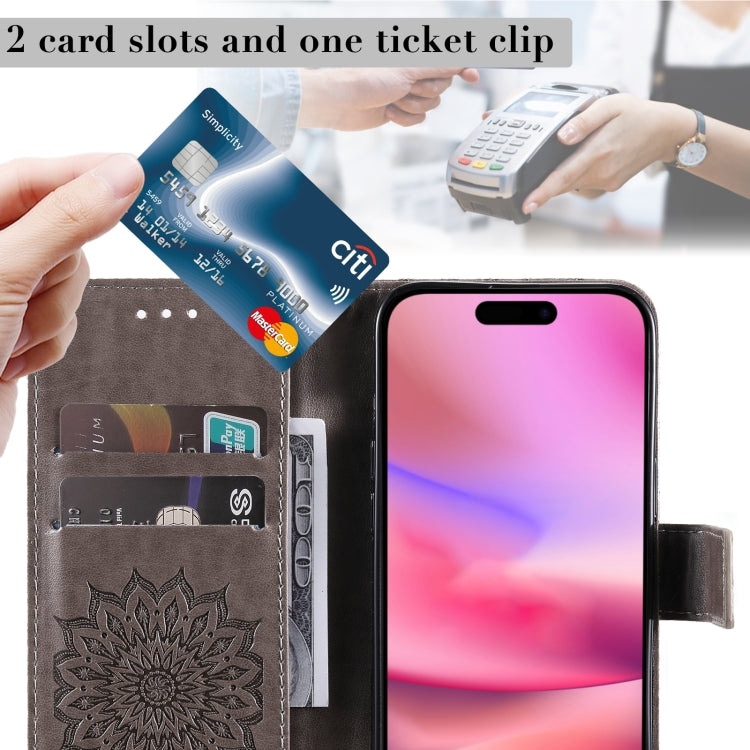 For iPhone 16 Embossed Sunflower Pattern Flip Leather Phone Case