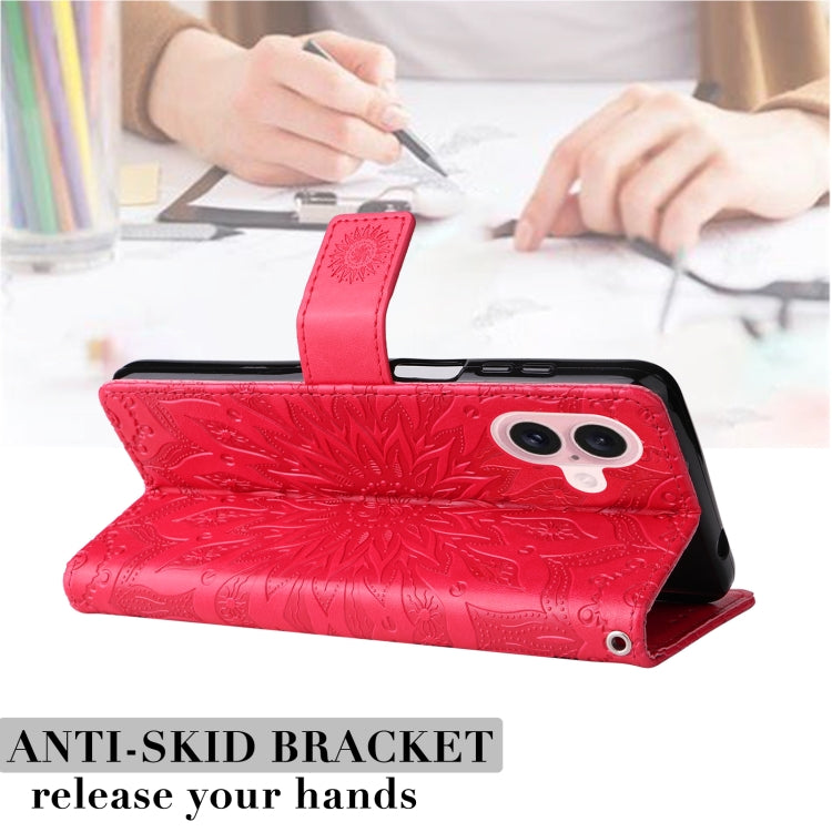 For iPhone 16 Embossed Sunflower Pattern Flip Leather Phone Case