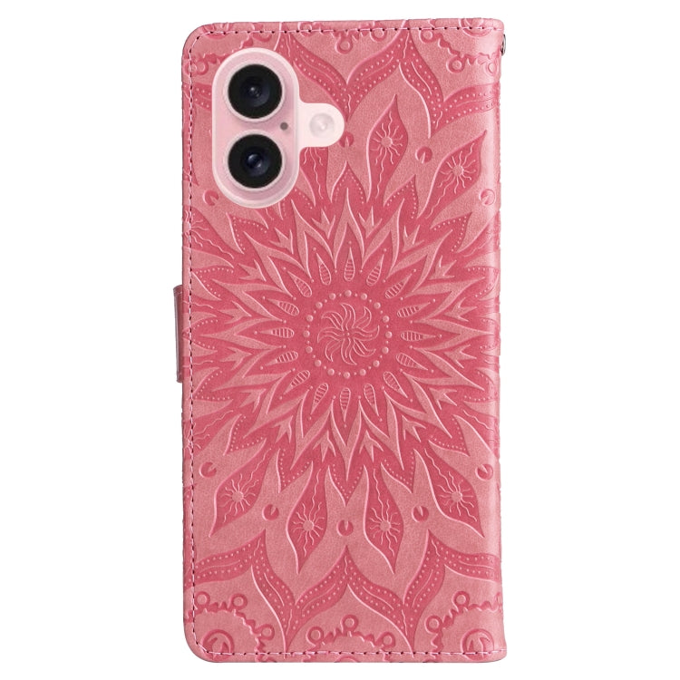 For iPhone 16 Embossed Sunflower Pattern Flip Leather Phone Case