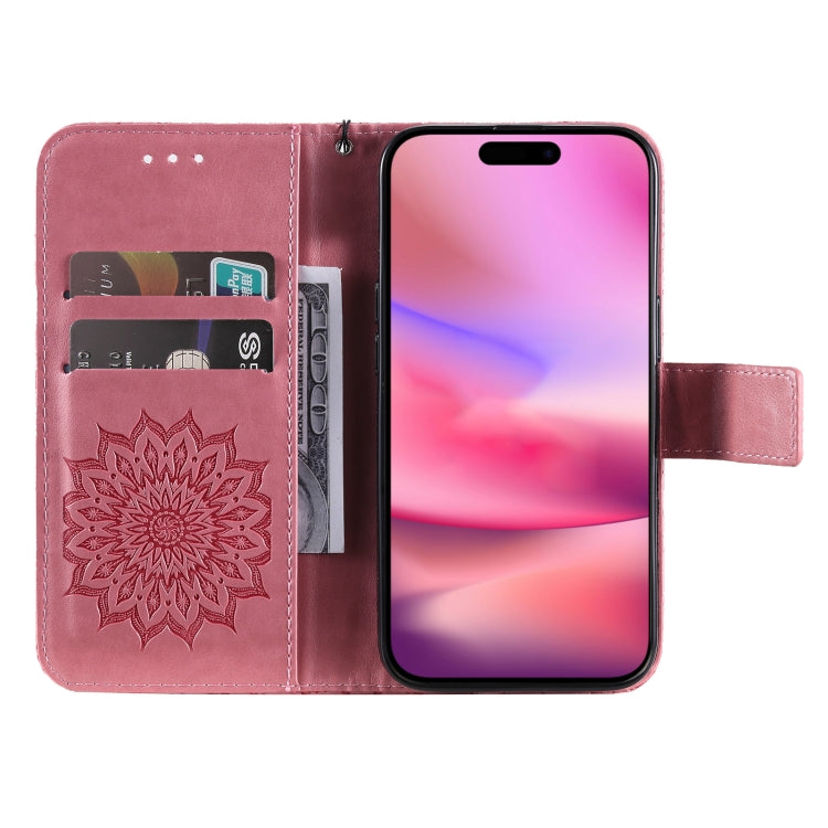 For iPhone 16 Embossed Sunflower Pattern Flip Leather Phone Case