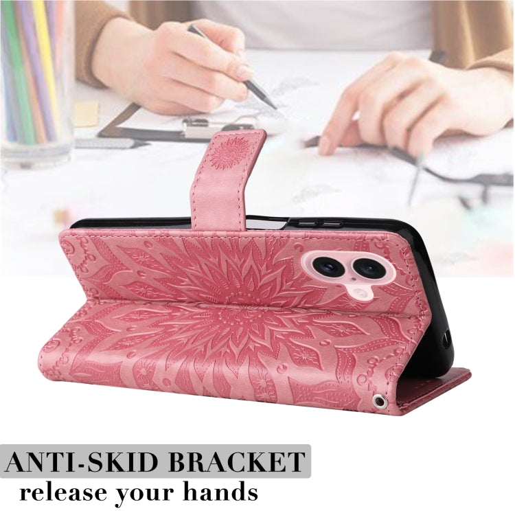 For iPhone 16 Embossed Sunflower Pattern Flip Leather Phone Case