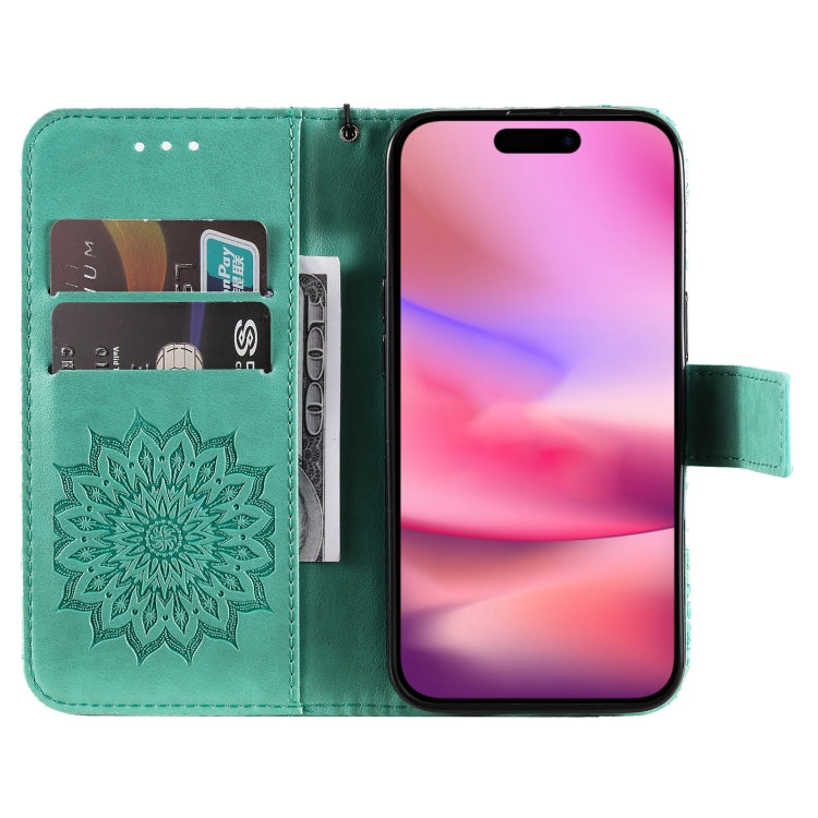 For iPhone 16 Embossed Sunflower Pattern Flip Leather Phone Case