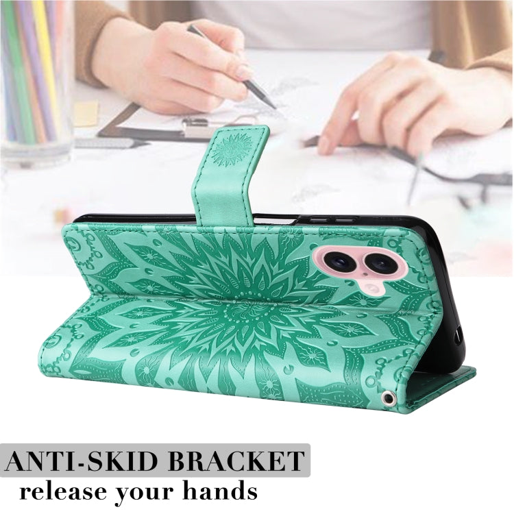 For iPhone 16 Embossed Sunflower Pattern Flip Leather Phone Case