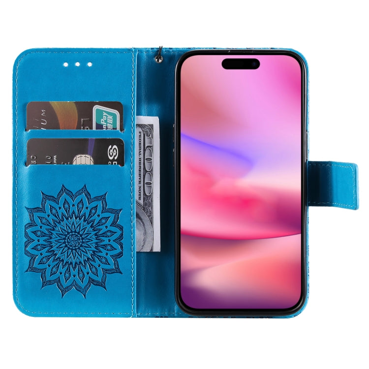 For iPhone 16 Embossed Sunflower Pattern Flip Leather Phone Case