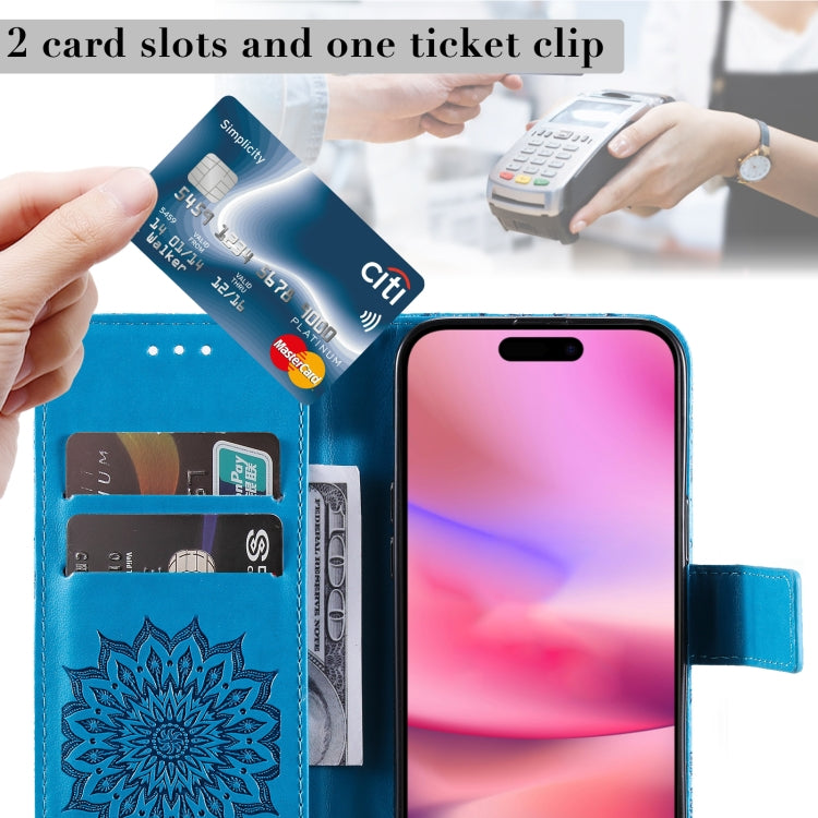 For iPhone 16 Embossed Sunflower Pattern Flip Leather Phone Case