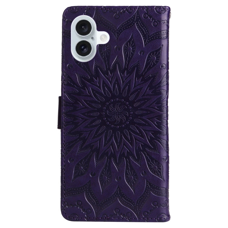 For iPhone 16 Plus Embossed Sunflower Pattern Flip Leather Phone Case