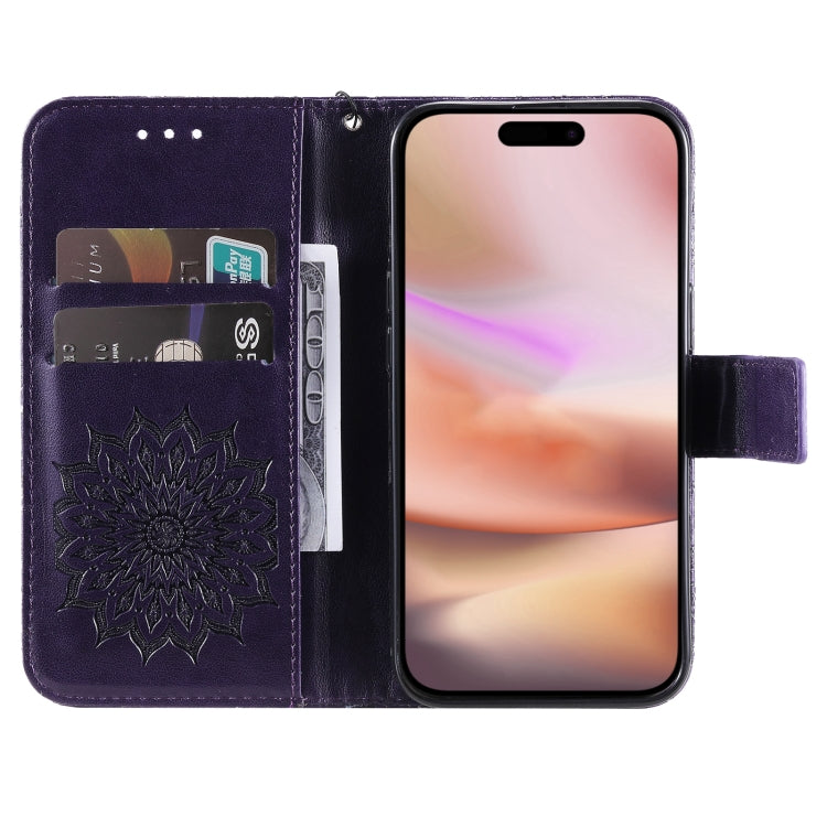 For iPhone 16 Plus Embossed Sunflower Pattern Flip Leather Phone Case