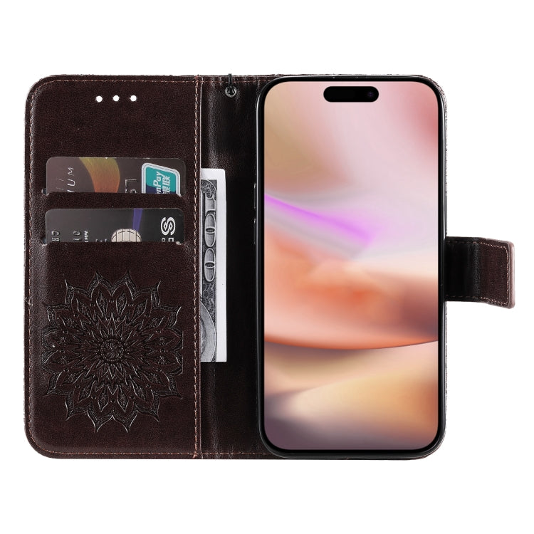 For iPhone 16 Plus Embossed Sunflower Pattern Flip Leather Phone Case