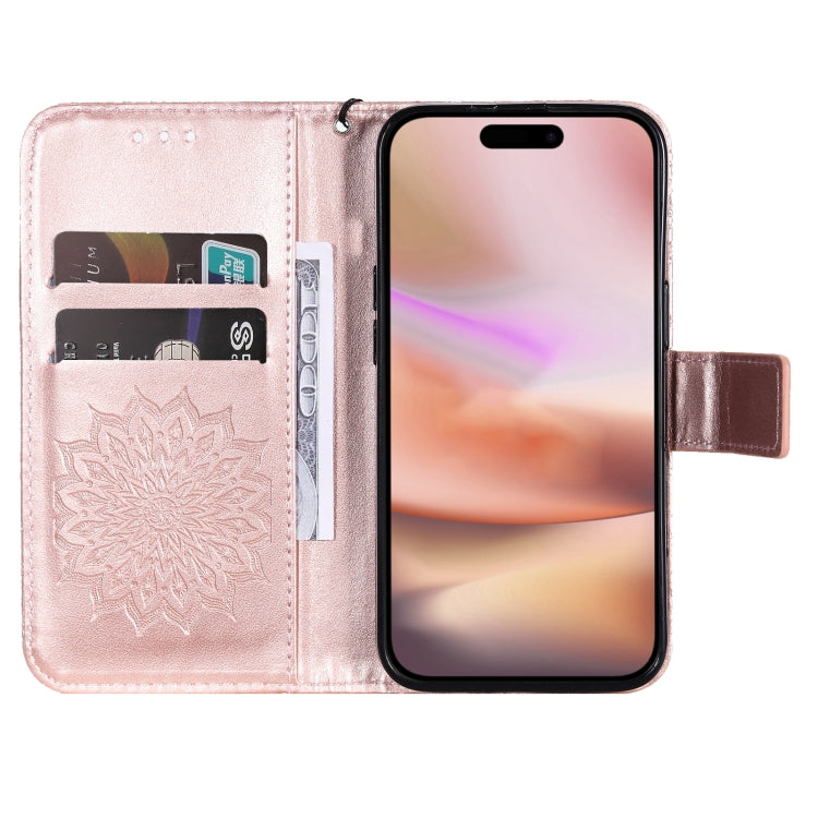 For iPhone 16 Plus Embossed Sunflower Pattern Flip Leather Phone Case