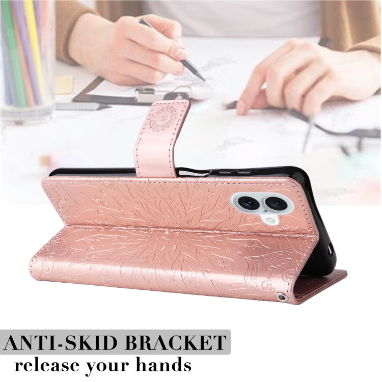 For iPhone 16 Plus Embossed Sunflower Pattern Flip Leather Phone Case