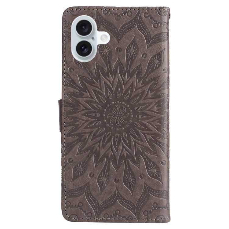 For iPhone 16 Plus Embossed Sunflower Pattern Flip Leather Phone Case