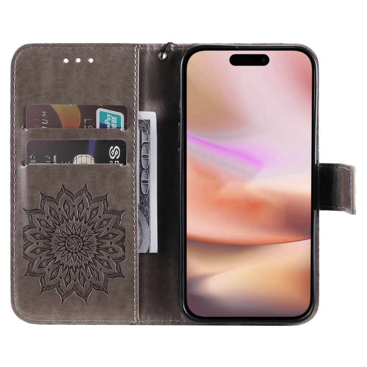 For iPhone 16 Plus Embossed Sunflower Pattern Flip Leather Phone Case